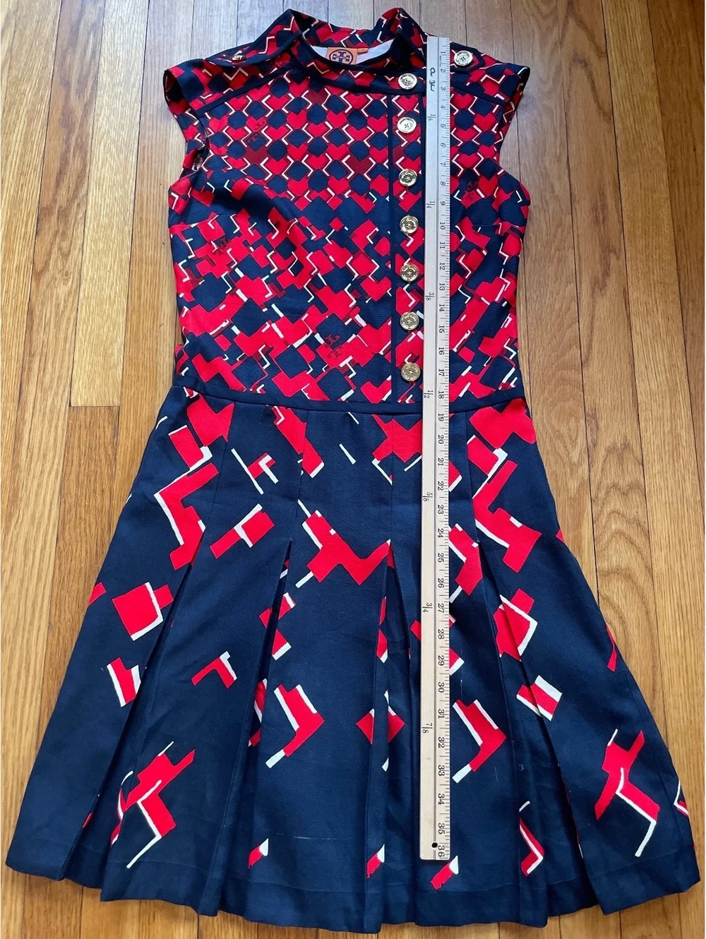 Tory Burch Truman Silk Dress Red Navy Geometric Pleated Size 2
